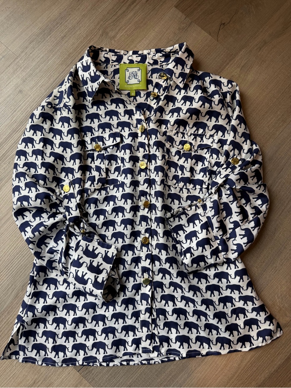 Elizabeth McKay Navy Elephant Print Blouse on White